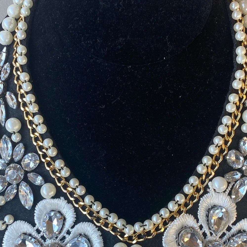 Pearl Rhinestone Bib Collar Necklace Statement Costume Jewelry - Picture 7 of 12